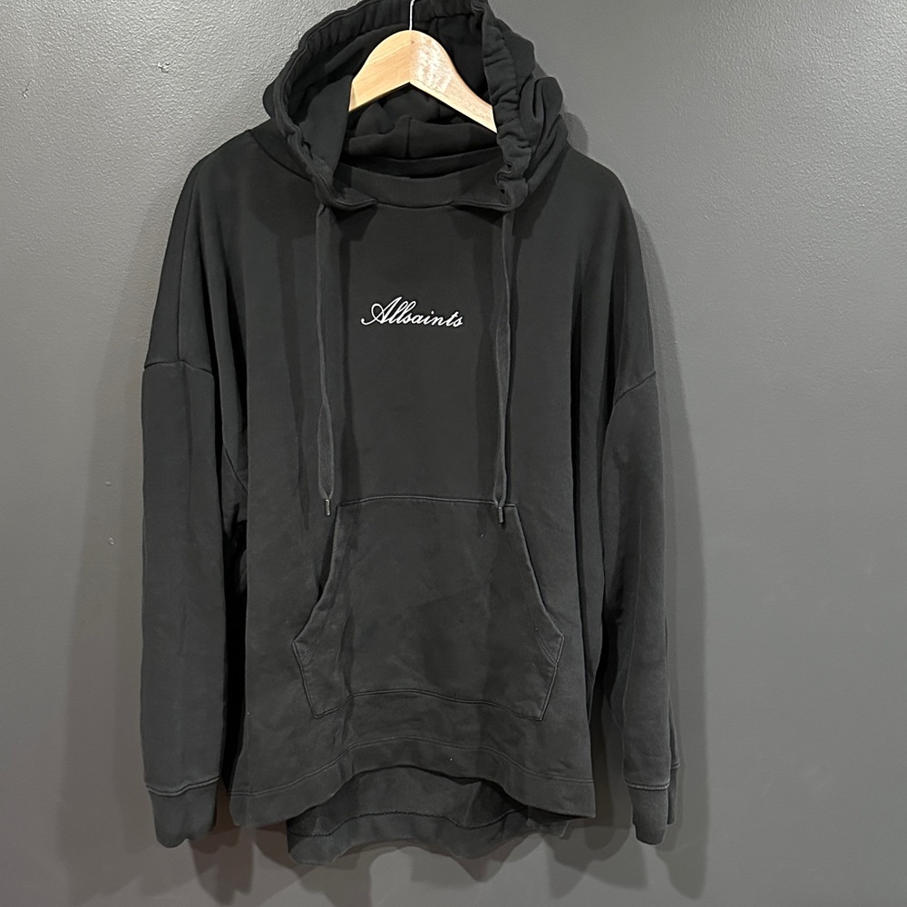 AllSaints Black Pullover Hoodie with Script Logo